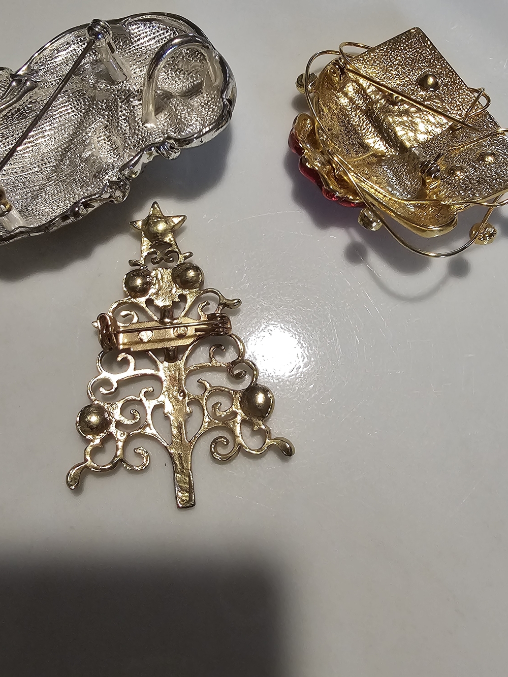 Festive Santa, Gift & Tree Brooch Trio - Silver & Gold with Red Accents - Picture 4 of 16